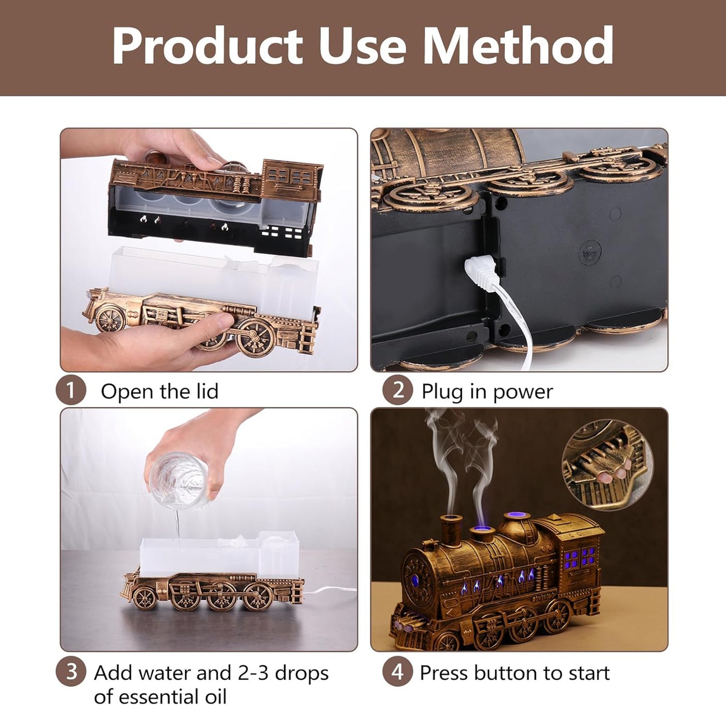 Train Humidifier with 300ml Essential Oil Diffuser Gold