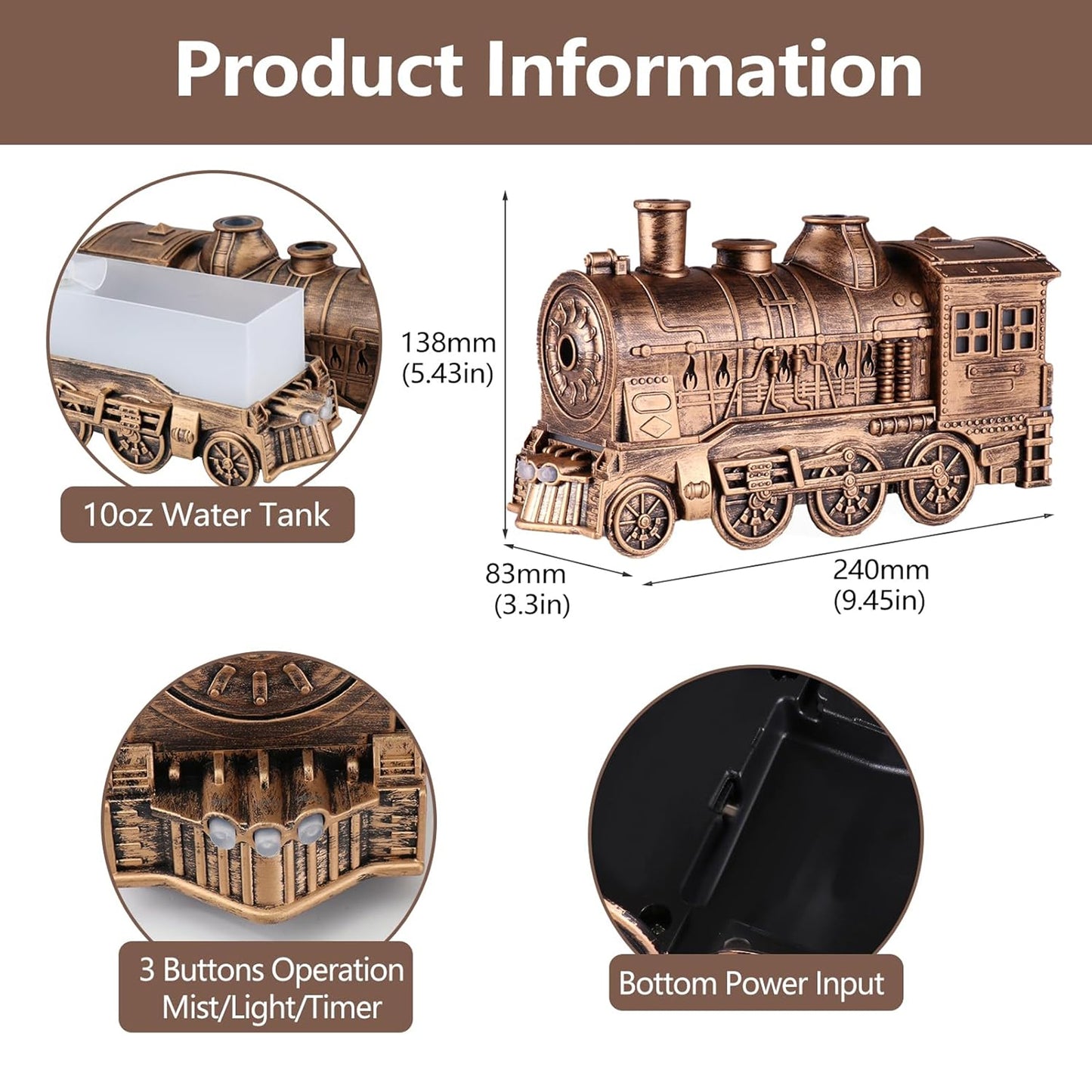 Train Humidifier with 300ml Essential Oil Diffuser Gold