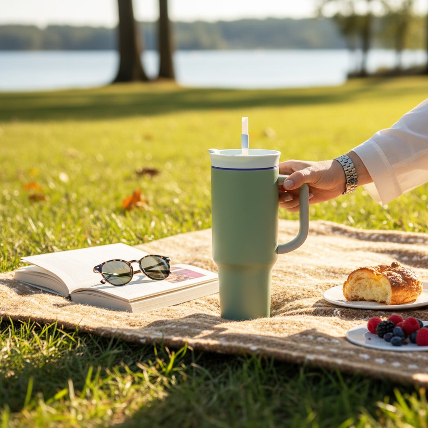 1.2Lt Flask With Handle & Straw Green