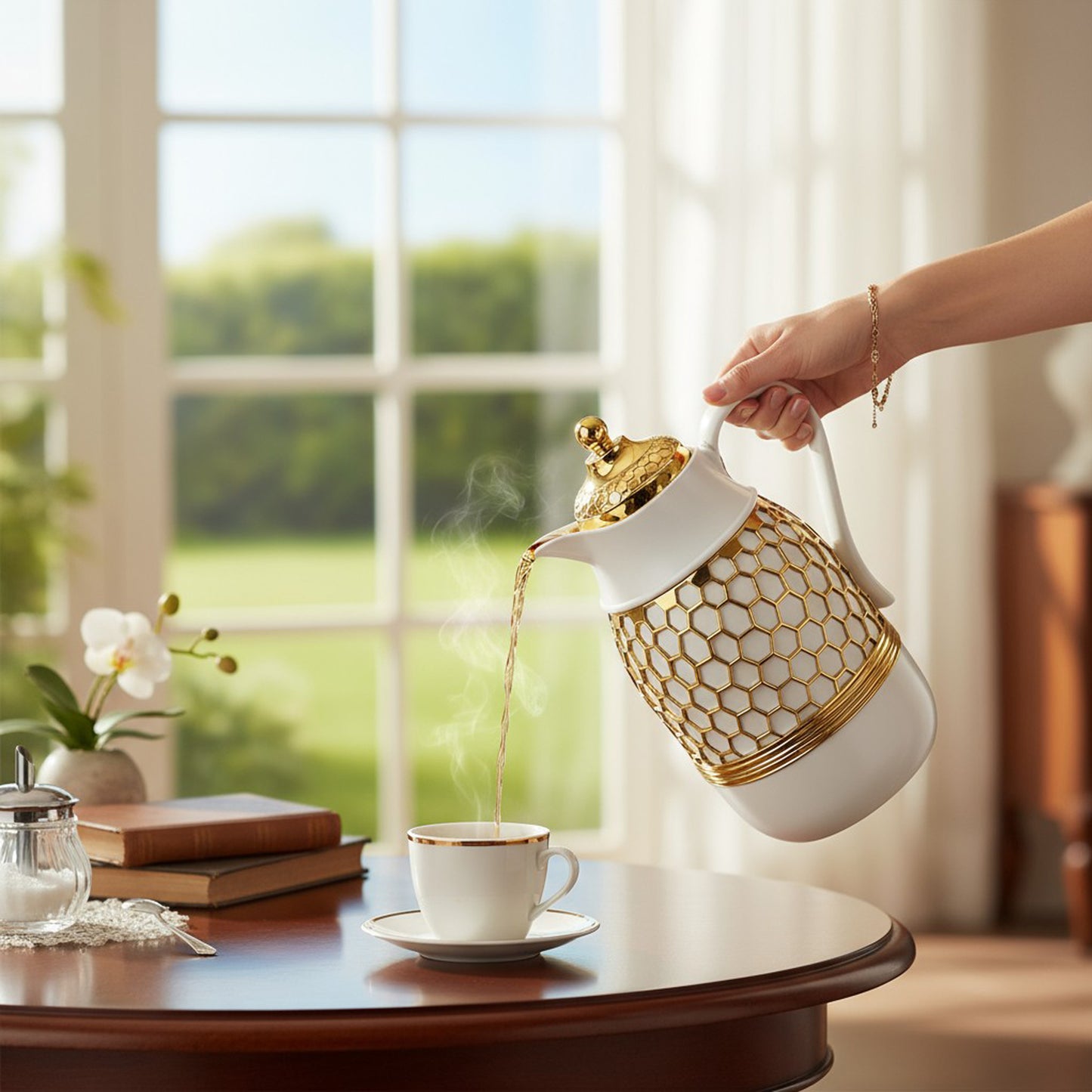 Kitchen Life Arabic Style 1Lt Vacuum Flask White & Gold