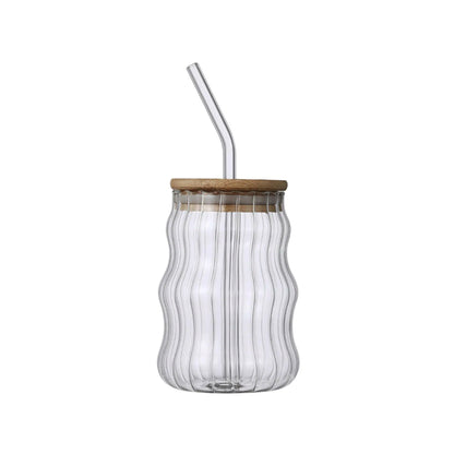 Wave Shaped Glass Cup with Bamboo Lid Clear