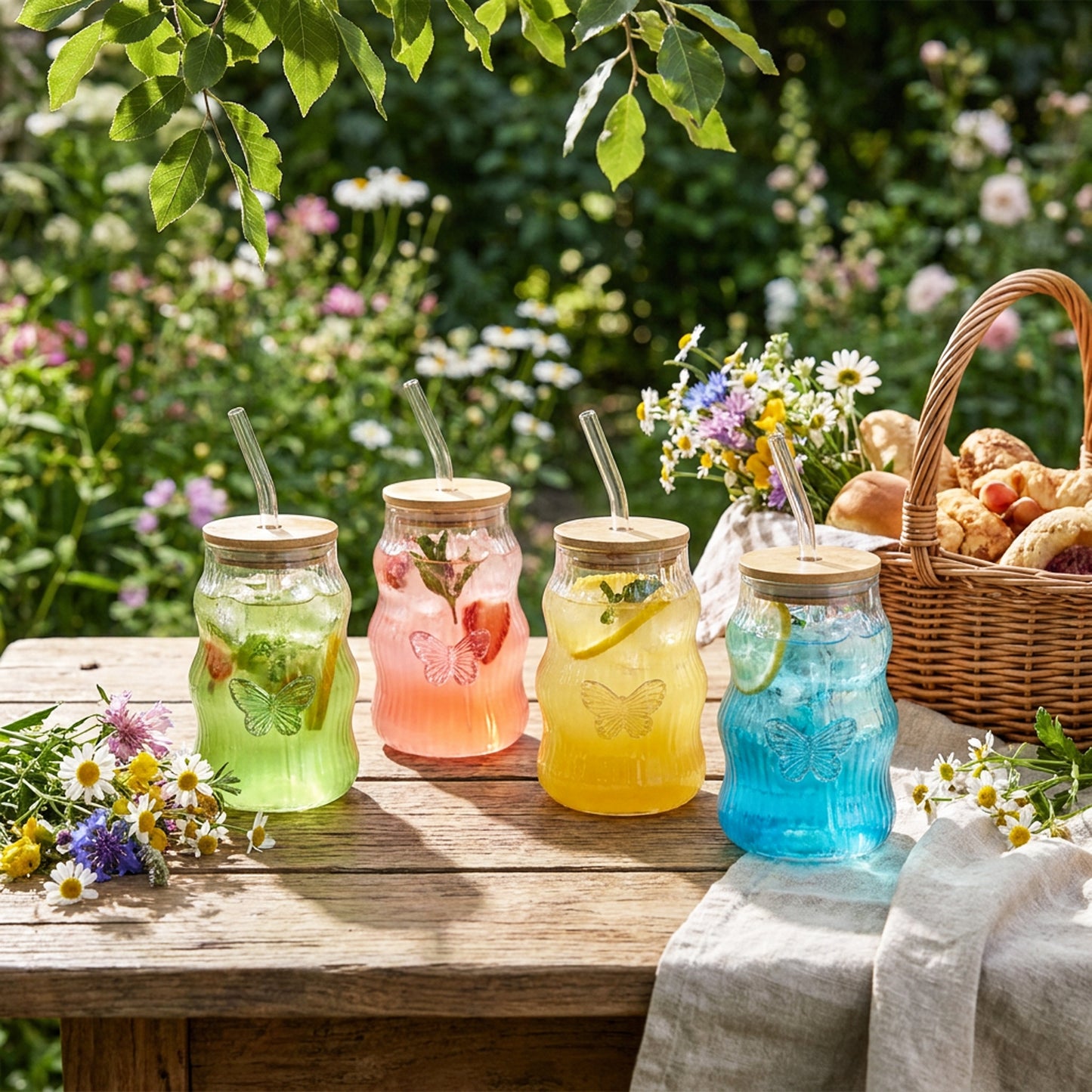 4 Piece 500ml Butterfly Tumbler With Straw Set Clear