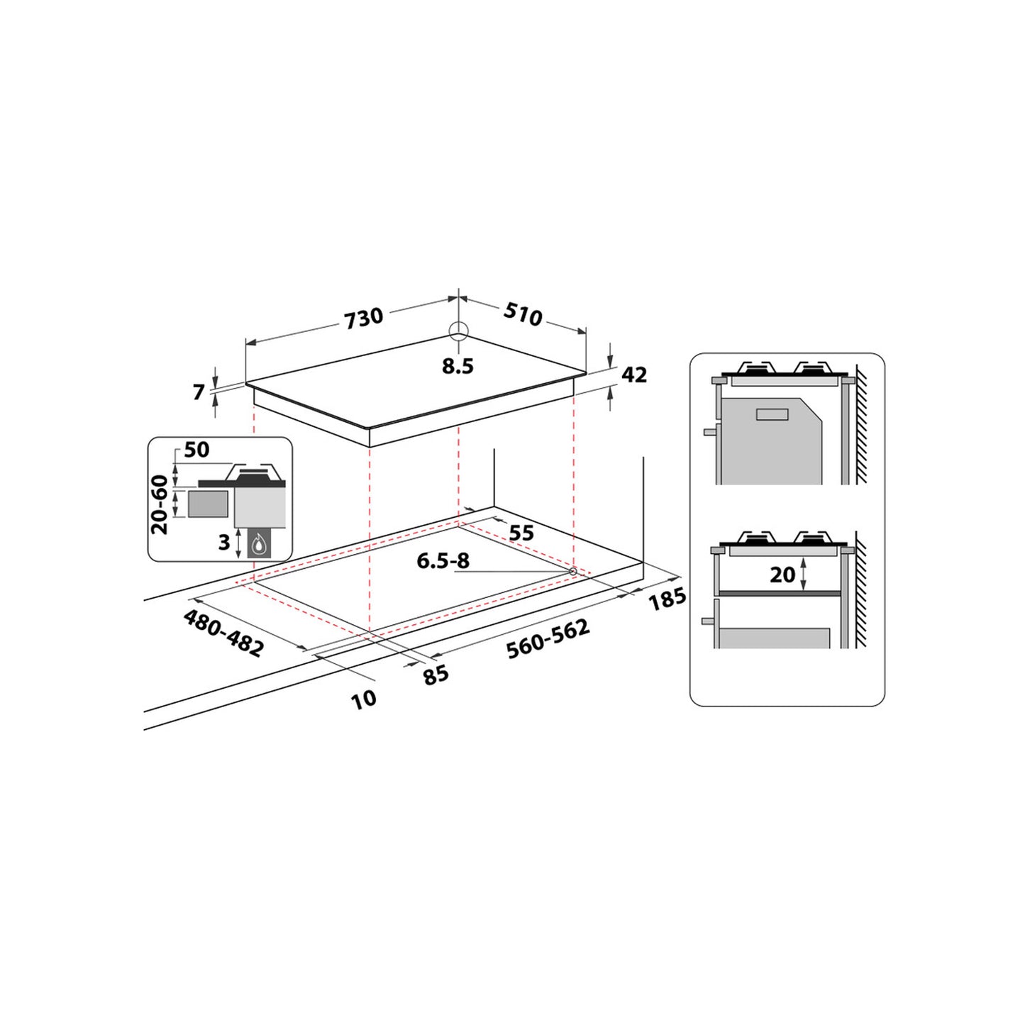 Whirlpool 75cm Gas Hob Stainless Steel