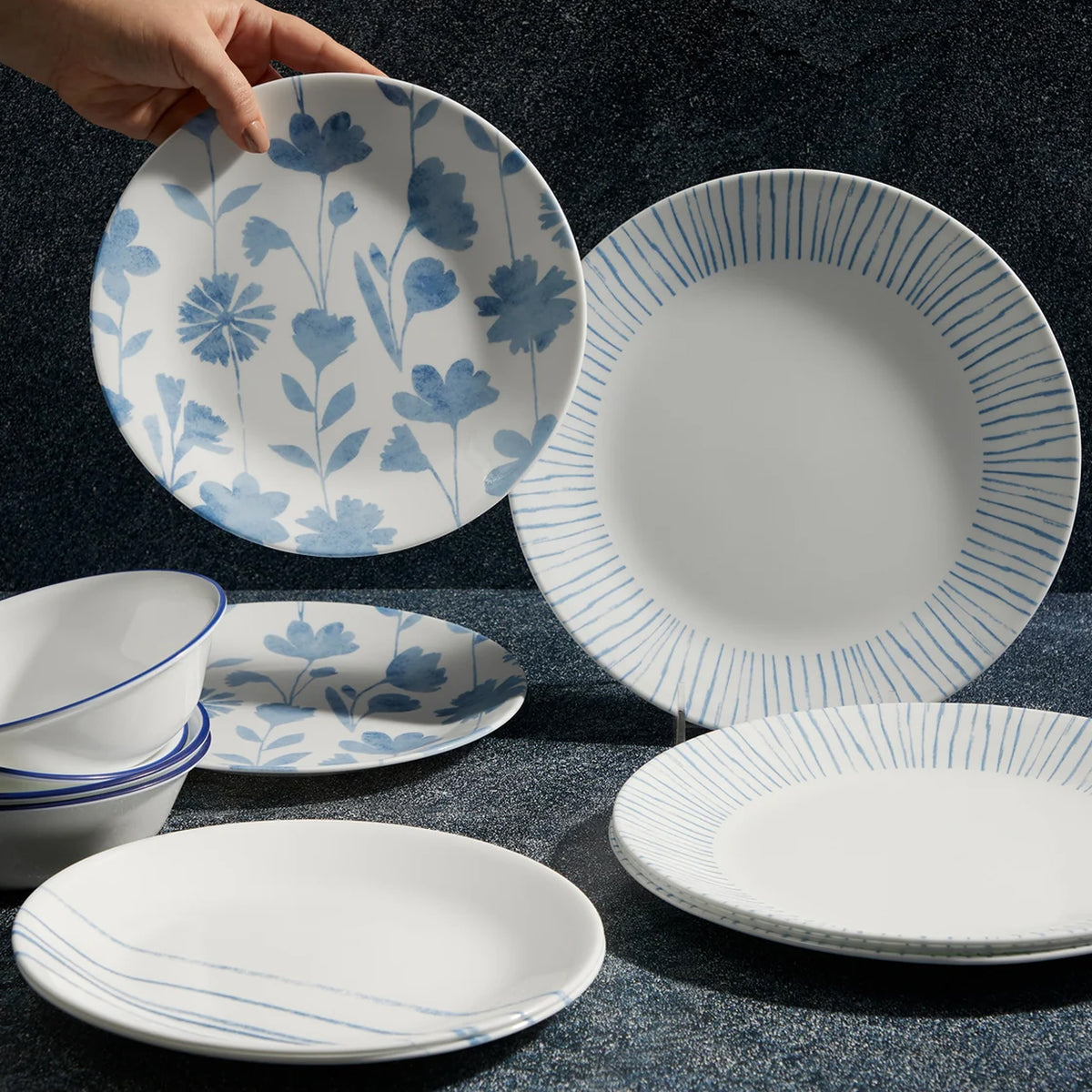 Corelle Botanical Stripes 12 Piece Dinner Set White