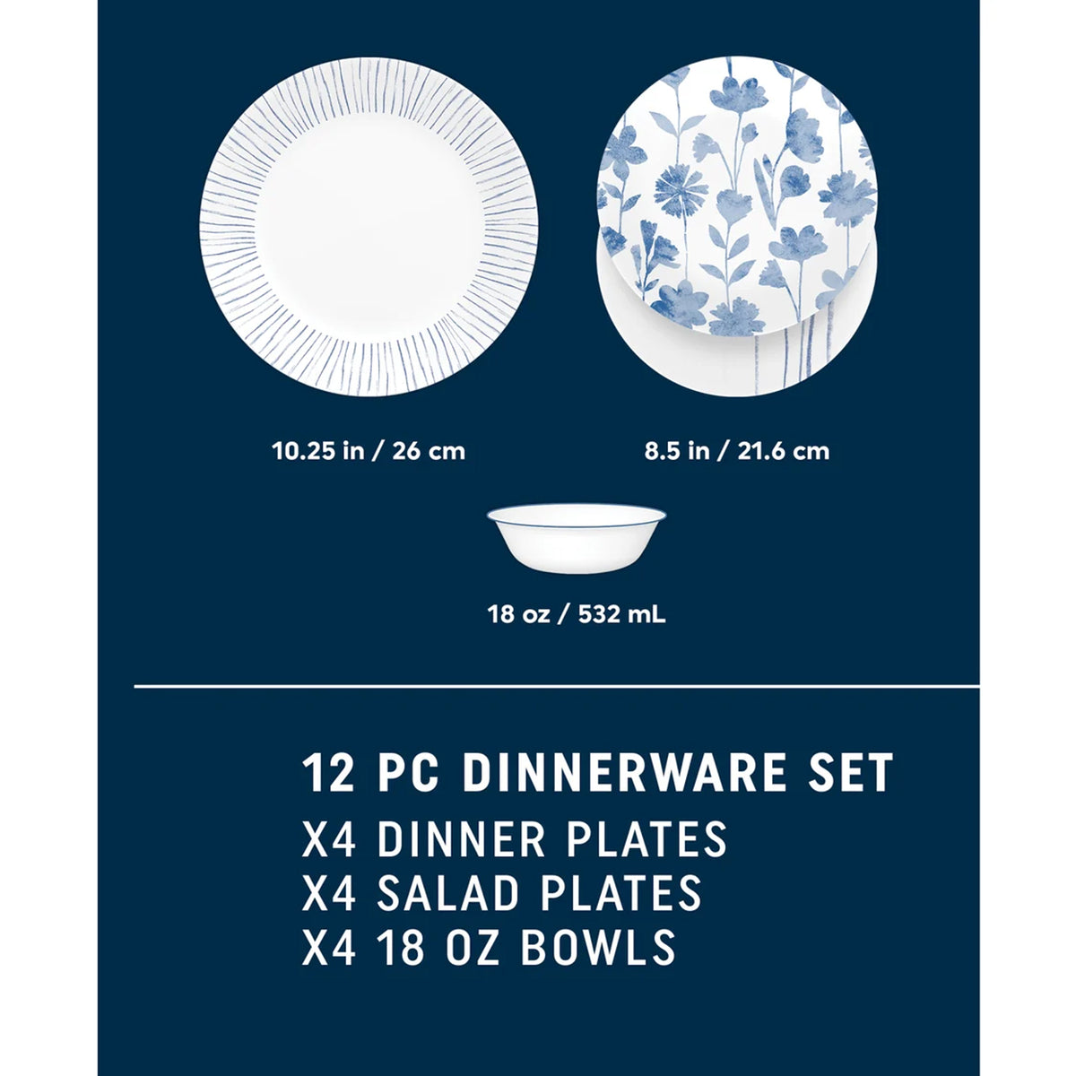 Corelle Botanical Stripes 12 Piece Dinner Set White