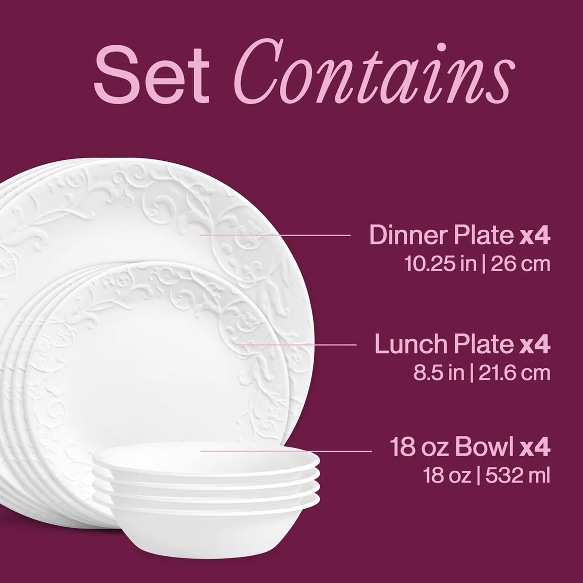 Corelle Bella Faenza 12 Piece Dinner Set White