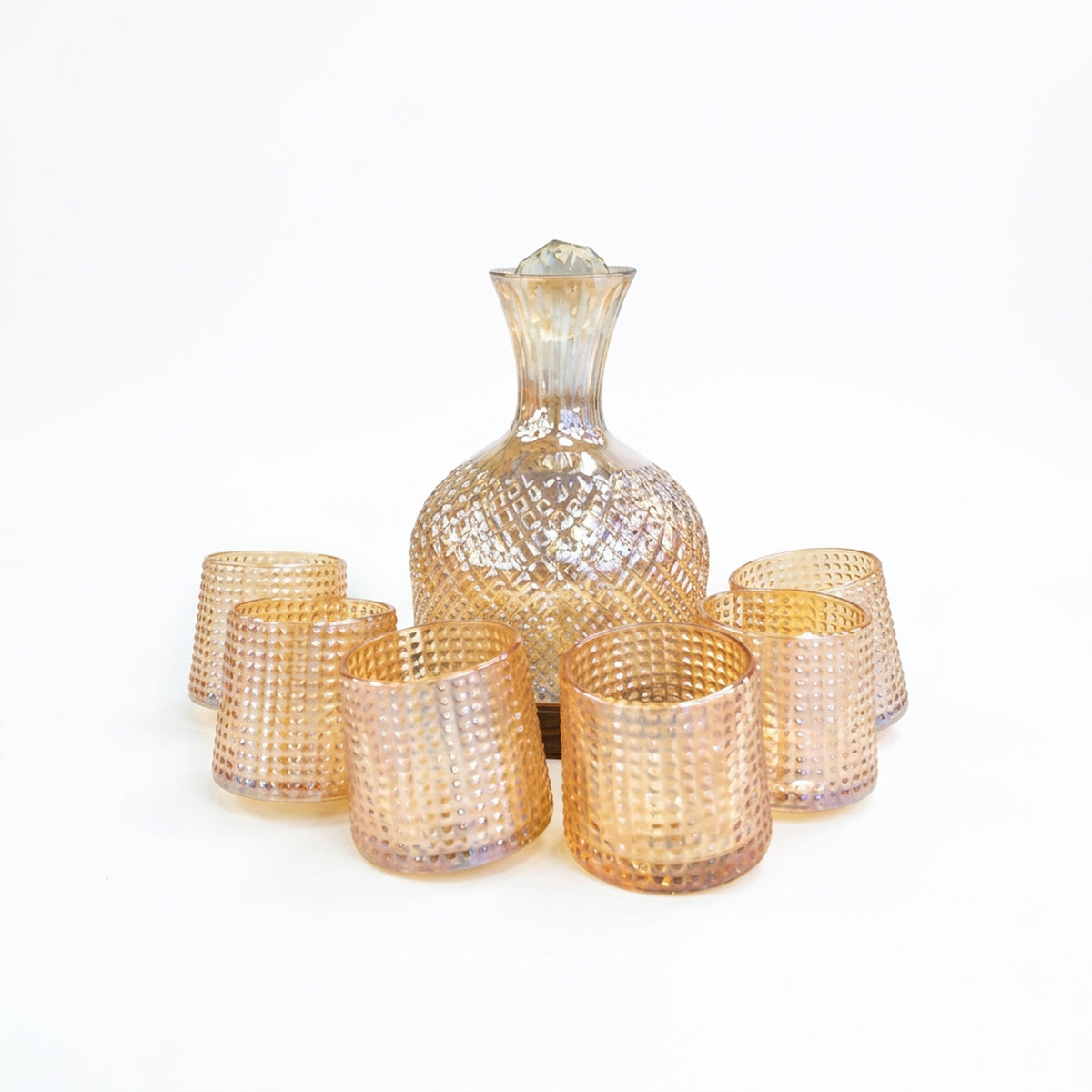 Embossed Glass Decanter & 6 Piece Tumbler Set Amber