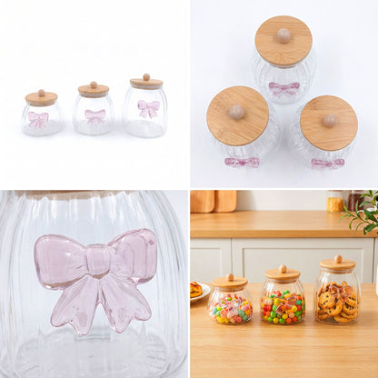 3 Piece Bow Design Glass Canister Set Purple