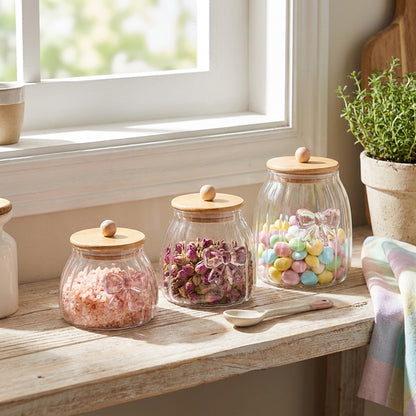 3 Piece Bow Design Glass Canister Set Purple