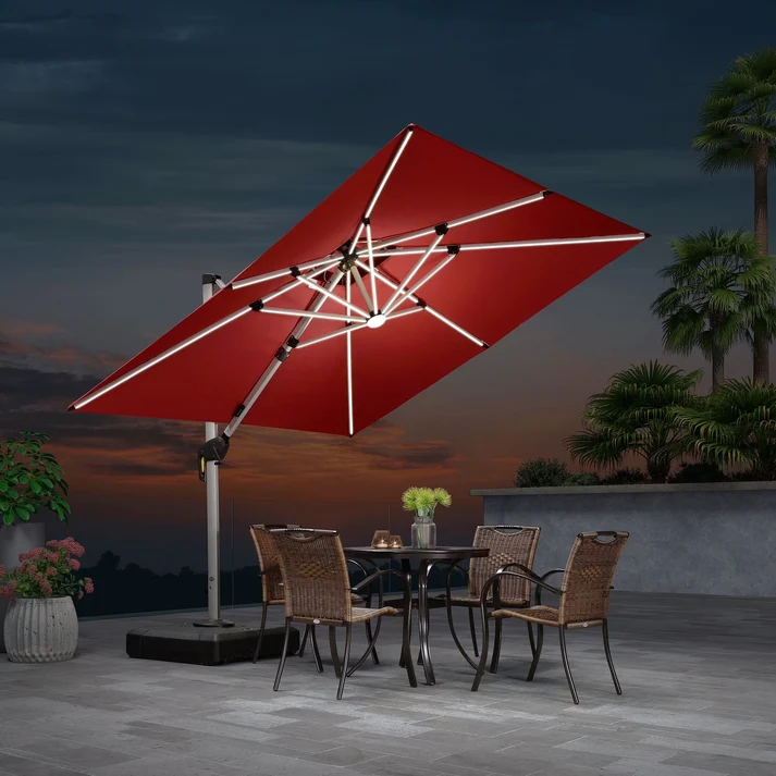 Square Double Top Deluxe Solar Powered LED Outdoor Cantilever Umbrella Red