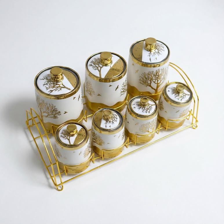 7 Piece Canister Set Gold & White