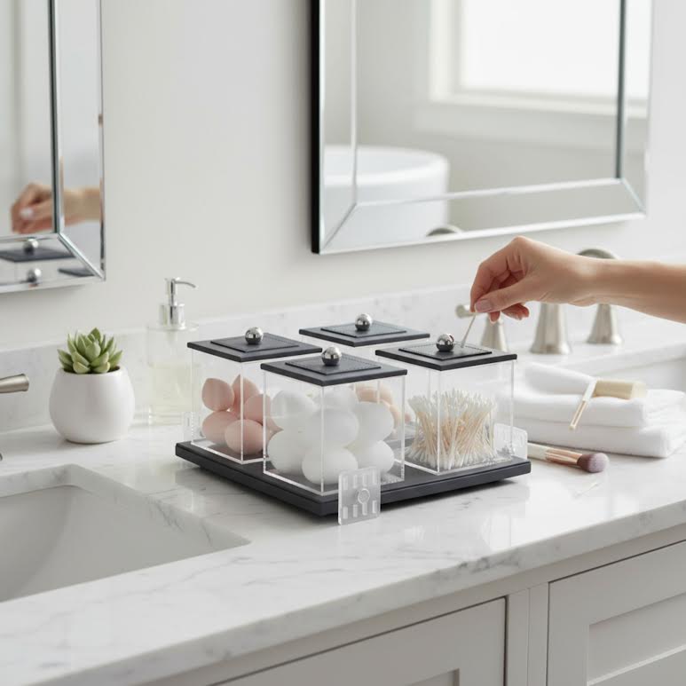 4 Piece Leather Canister Set Black