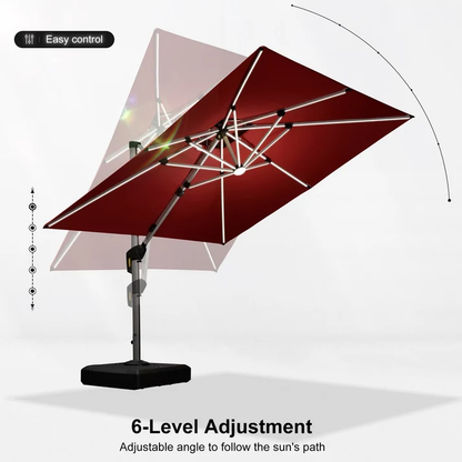 Square Double Top Deluxe Solar Powered LED Outdoor Cantilever Umbrella Red