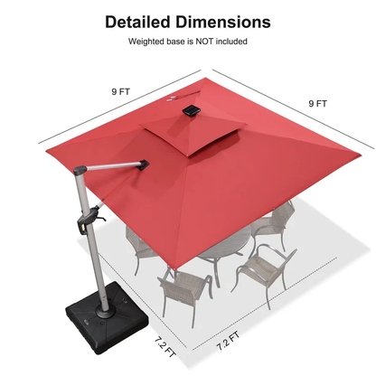 Square Double Top Deluxe Solar Powered LED Outdoor Cantilever Umbrella Red