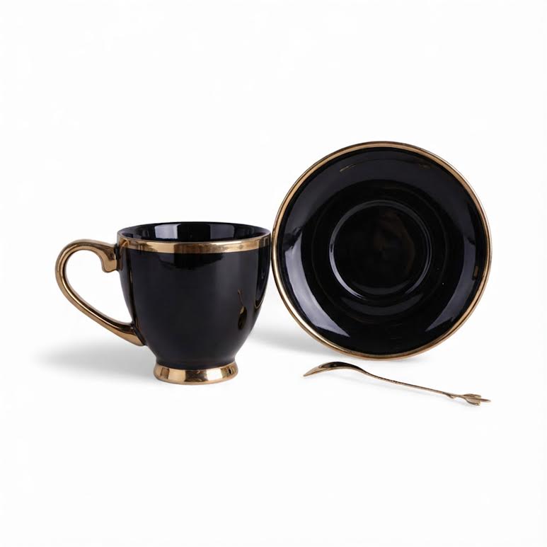 Cup & Saucer with Spoon Black & Gold