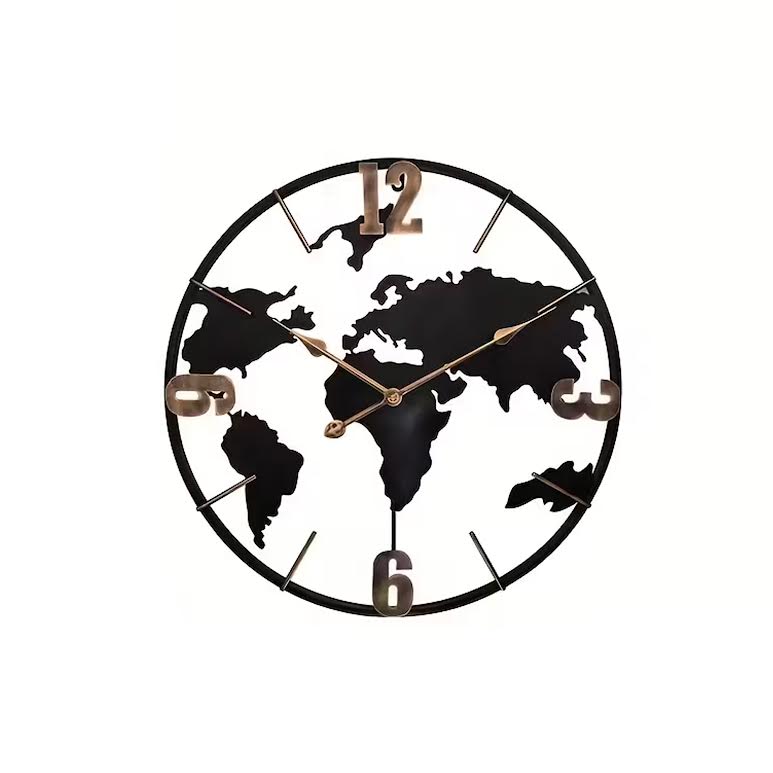 World Map Wall Clock Black & Gold