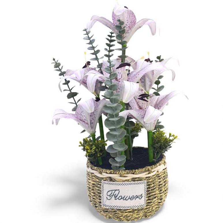 Artificial Lily Flower Arrangement in Basket Purple & Green