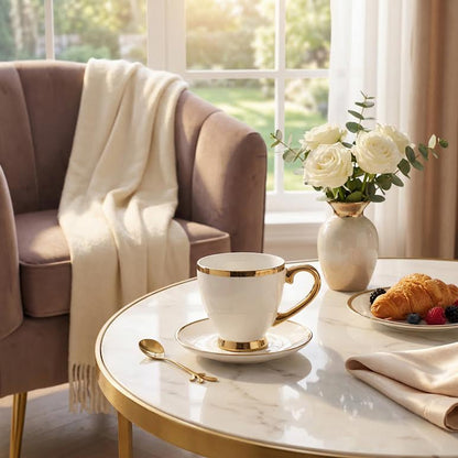 Cup & Saucer with Spoon White & Gold