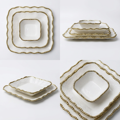24 Piece Square Dinner Set Gold & White