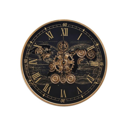 2 Piece Round Vasco Map Moving Cogs Clock Coffee Table Set Black & Gold