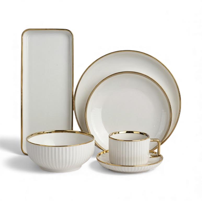 32 Piece Dinner Set Gold & White