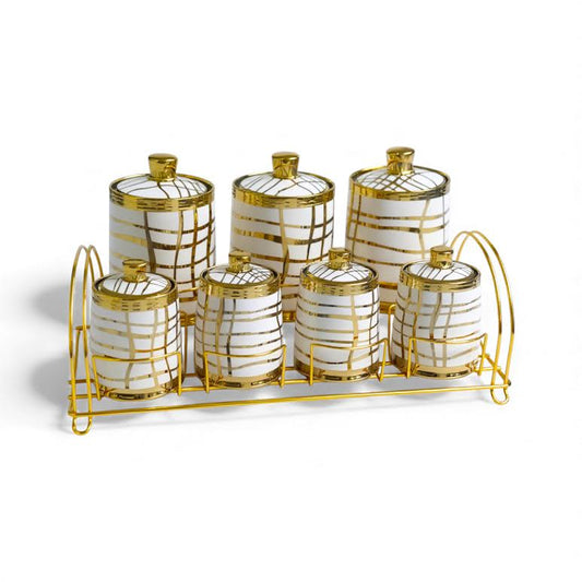 7 Piece Line Design Canister Set Gold & White