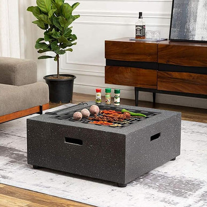 Square Outdoor Fire Pit with BBQ Grill Shelf Grey