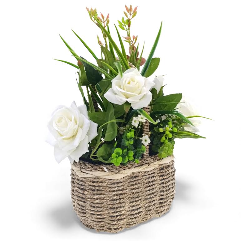 Artificial Rose Plant with Leaves in Basket White & Green