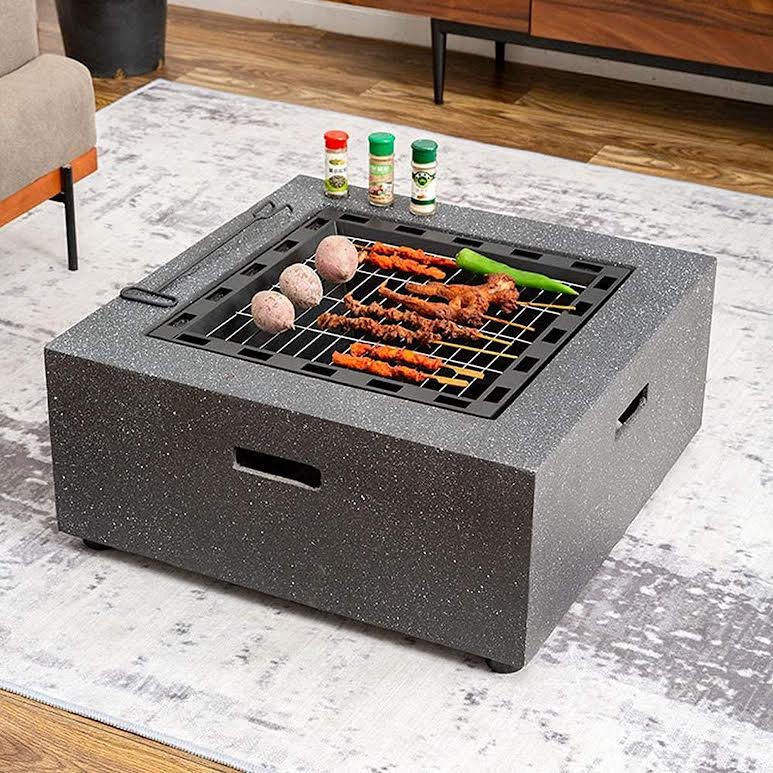 Square Outdoor Fire Pit with BBQ Grill Shelf Grey