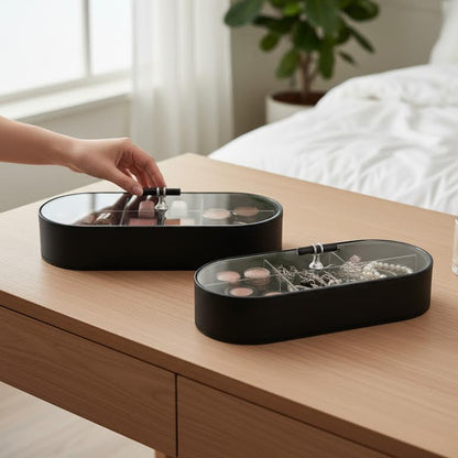 2 Piece Acrylic & Leather 6 Compartment Jewellery Box Black