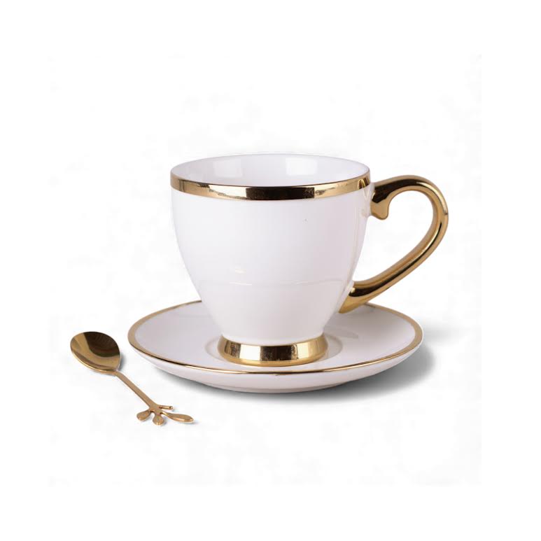 Cup & Saucer with Spoon White & Gold
