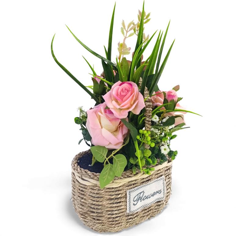 Artificial Rose Plant with Leaves in Basket Light Pink & Green