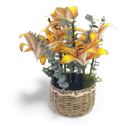 Artificial Lily Flower Arrangement in Basket Yellow & Green