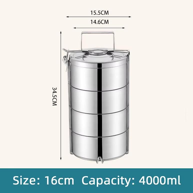 Stackable 4 Tier Double Wall Insulated Thermal Food Carrier Silver