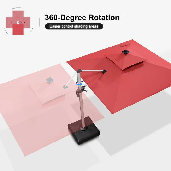 Square Double Top Deluxe Solar Powered LED Outdoor Cantilever Umbrella Red