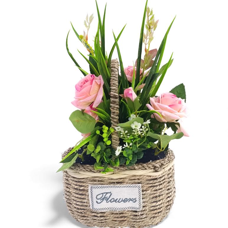 Artificial Rose Plant with Leaves in Basket Light Pink & Green