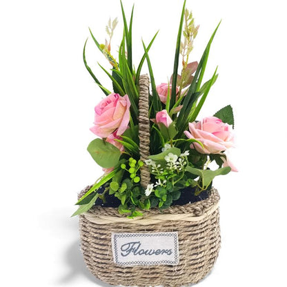 Artificial Rose Plant with Leaves in Basket Light Pink & Green