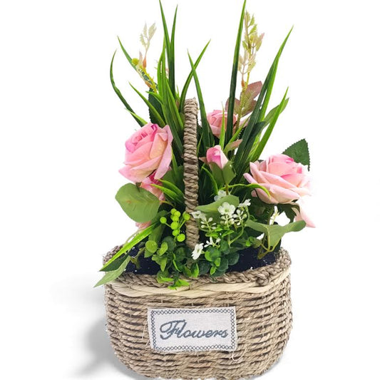 Artificial Rose Plant with Leaves in Basket Light Pink & Green