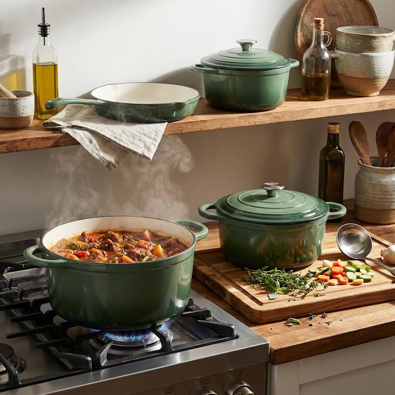 CH 7 Piece Cast Iron Pot Set Olive