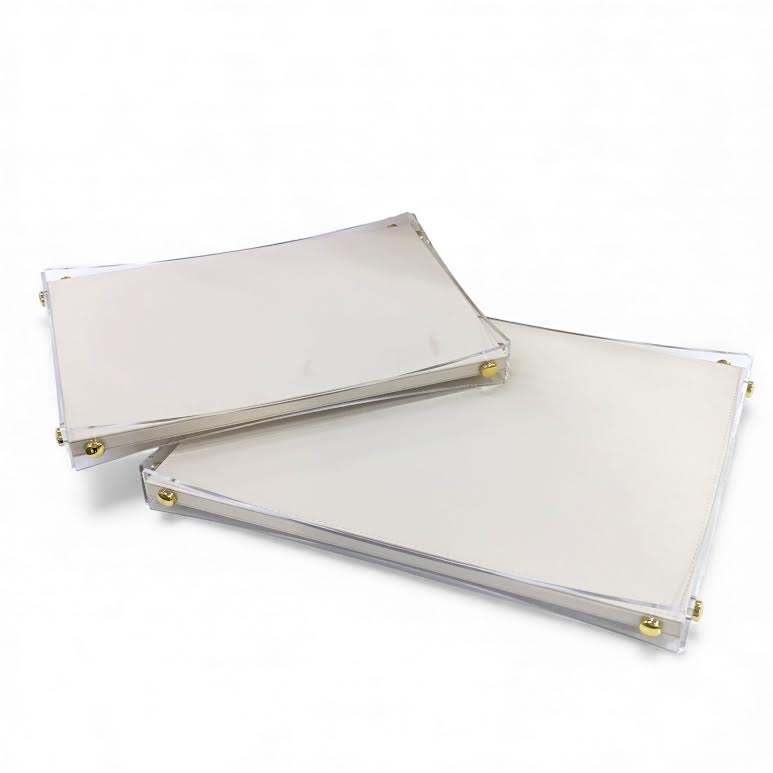 2 Piece Acrylic & Leather Tray Cream