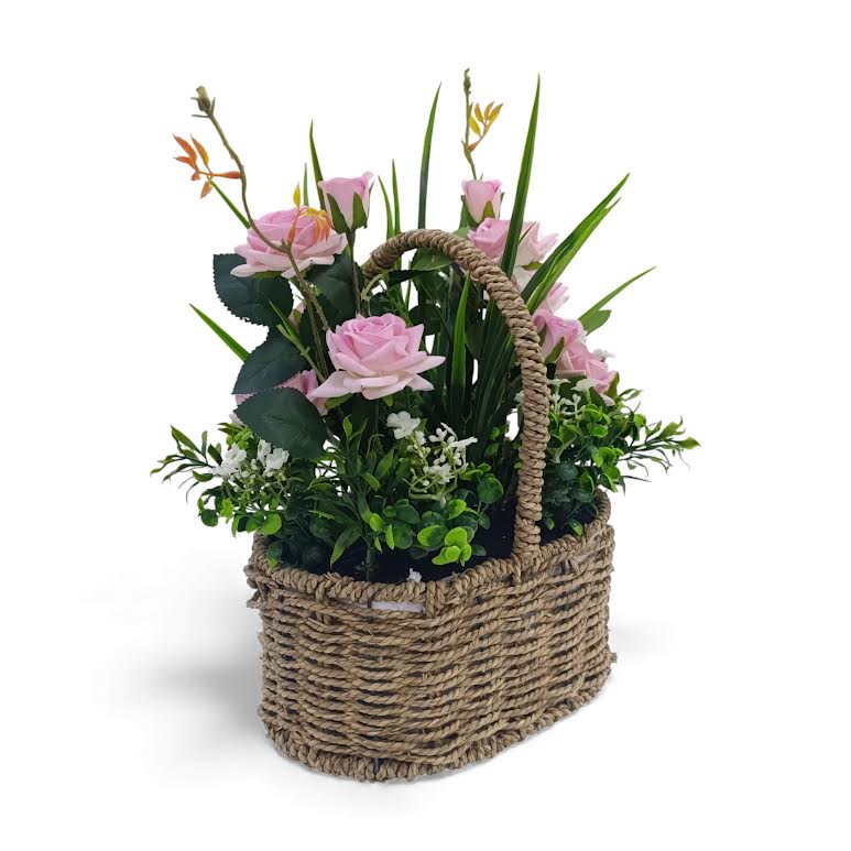 Artificial Rose Plant with Leaves in Basket Pink & Green