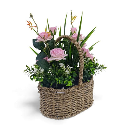 Artificial Rose Plant with Leaves in Basket Pink & Green