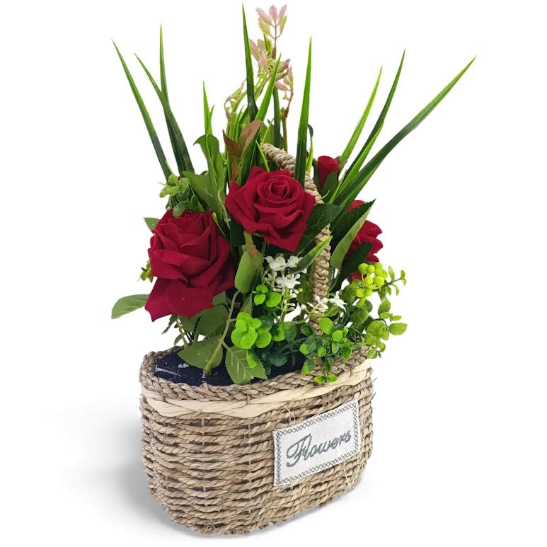 Artificial Rose Plant with Leaves in Basket Red & Green