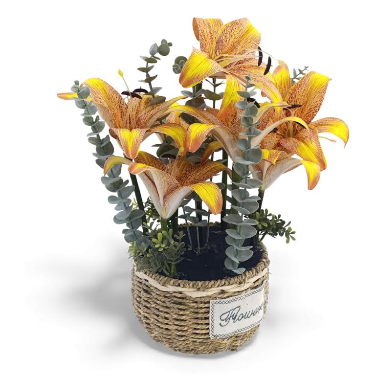 Artificial Lily Flower Arrangement in Basket Yellow & Green