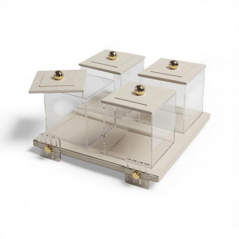 4 Piece Leather Canister Set Cream