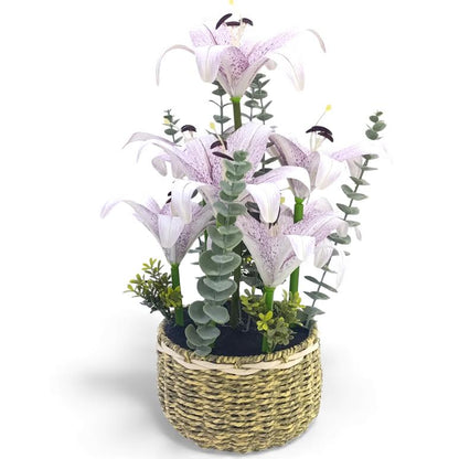 Artificial Lily Flower Arrangement in Basket Purple & Green