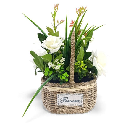 Artificial Rose Plant with Leaves in Basket White & Green