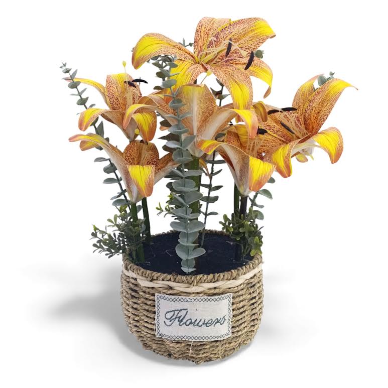 Artificial Lily Flower Arrangement in Basket Yellow & Green