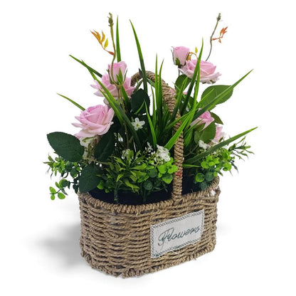 Artificial Rose Plant with Leaves in Basket Pink & Green