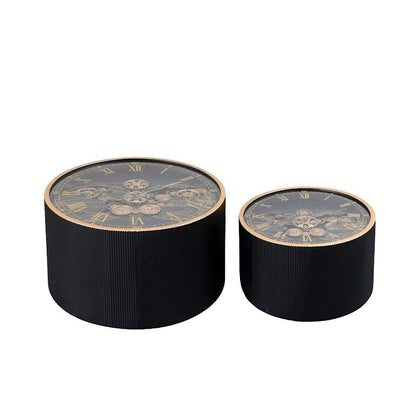 2 Piece Round Vasco Map Moving Cogs Clock Coffee Table Set Black & Gold